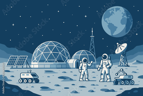 Two astronauts explore a lunar base with robots and equipment under a full Earth and starry sky