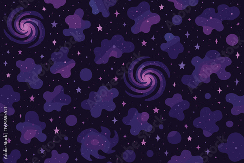 Colorful space pattern with galaxies, stars, and clouds on dark background in artistic design