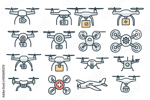 Different types of drones shown in a grid with various features and designs, highlighting their uses and technology in a clear format