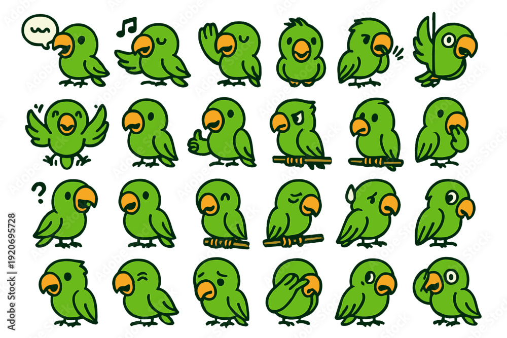 Fototapeta premium Different types of green birds showing various actions on a white background