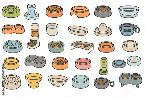 Multiple bowls and feeders for pets are arranged neatly on a white background