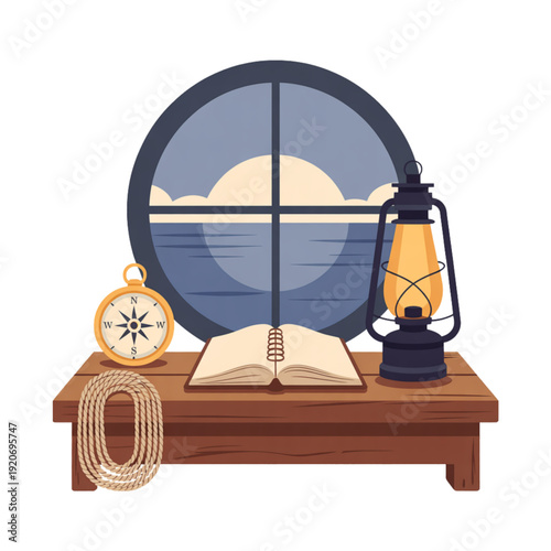 Flat vector illustration of maritime navigation scene with compass, rope, lantern and ocean view through porthole. Concept of sea travel, navigation, lighthouse keeper and marine exploration.