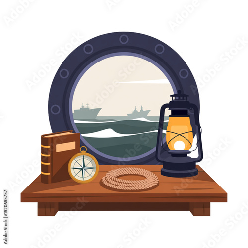 Flat vector illustration of maritime navigation scene with compass, rope, lantern and ocean view through porthole. Concept of sea travel, navigation, lighthouse keeper and marine exploration.