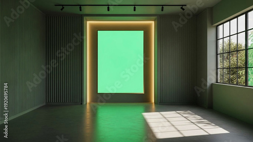 Empty modern gallery interior with large green screen poster mockup and window shadow