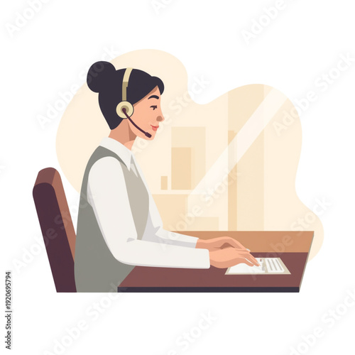 Flat vector illustration of customer support operator working at computer with headset. Concept of online assistance, call center service, remote work and professional communication.