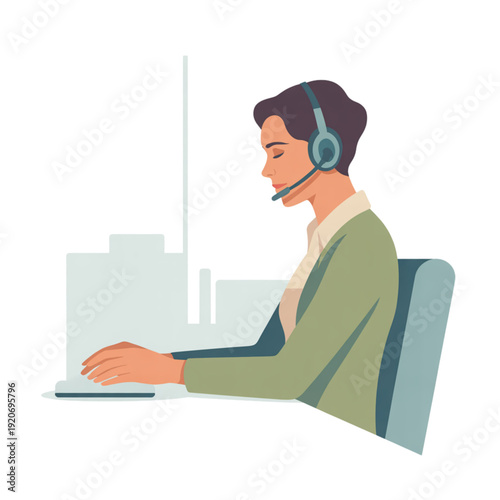 Flat vector illustration of customer support operator working at computer with headset. Concept of online assistance, call center service, remote work and professional communication.