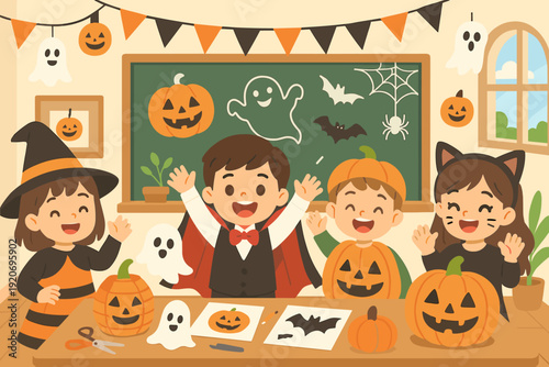 Kids enjoy Halloween activities in classroom with pumpkins and decorations in fall season