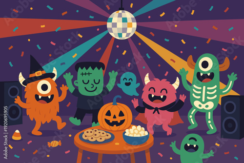 Monsters celebrate with music and snacks at a Halloween party in a decorated room with a disco ball