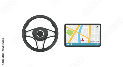A car steering wheel and a digital navigation map display sit side by side.