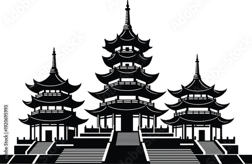 Black and white of three asian pagodas asian architecture temple stairs