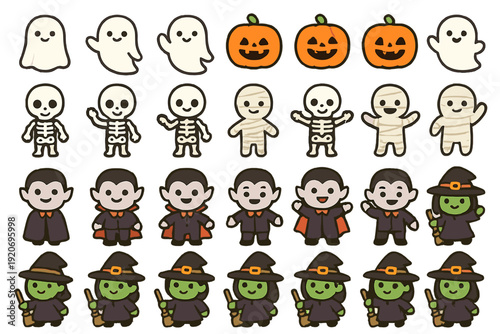 Halloween characters with ghosts, skeletons, pumpkins, vampires, witches, and mummies showing festive spirit and fun for celebrations