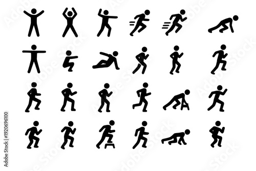 Stick figures show different activities like running, jumping, and stretching in a simple design layout