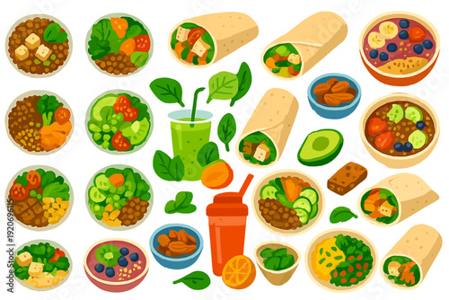 Different types of food and drinks shown on a table with various colors and shapes at a local cafe during lunchtime