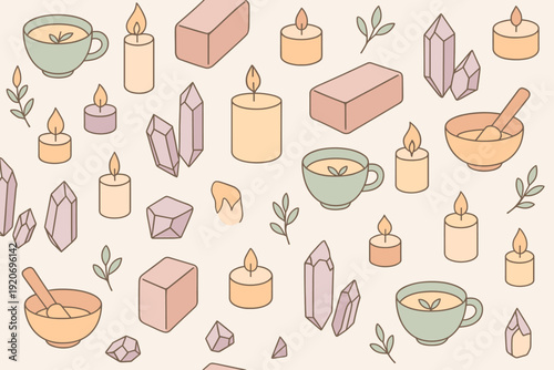 Decorative drawing with candles, crystals, cups, and bowls in a light background for calming and soothing feelings