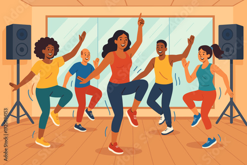 Group of people dancing in a studio during a fitness class in the afternoon, enjoying lively music and movement together