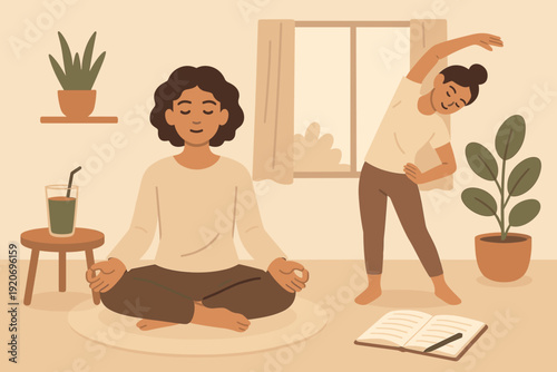 Yoga and stretching session at home in the afternoon with plants and a drink nearby