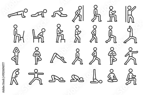 Variety of stick figure exercises showing different movements for fitness and stretching routines
