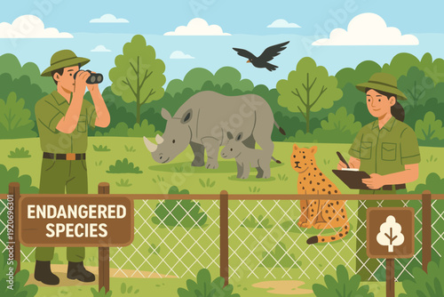 Rangers monitor endangered species in their natural habitat during a sunny day in the wildlife reserve