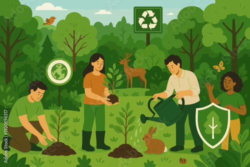 People participating in tree planting and wildlife protection in a forest setting during the day