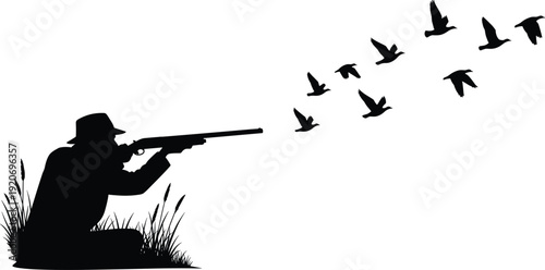 Black silhouette of man with shotgun aiming at flying birds