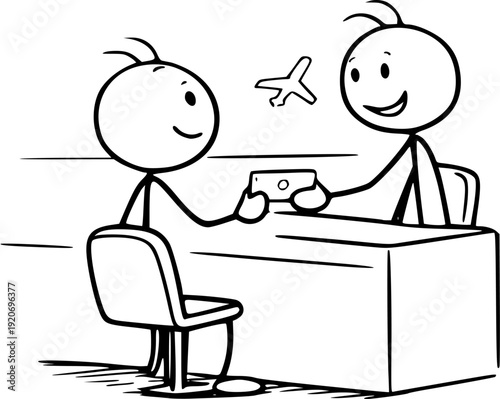 Stick figure at travel agency receiving assistance