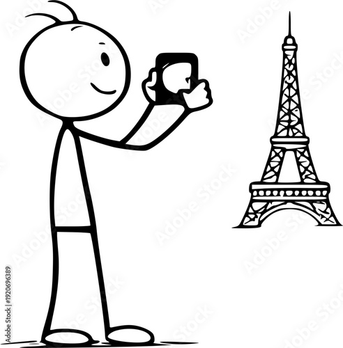 Stick figure taking photo of Eiffel Tower in Paris