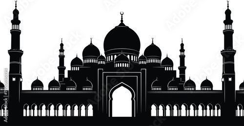Black silhouette of mosque with domes and minarets white background