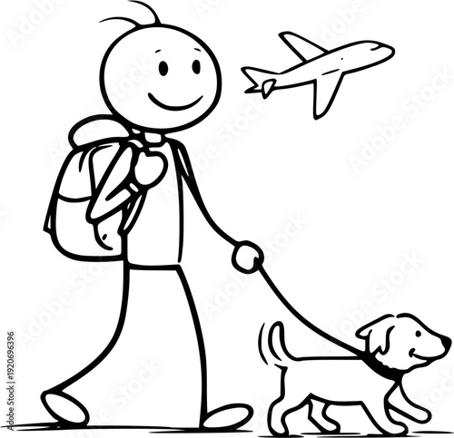 Stick figure traveling with pet and luggage