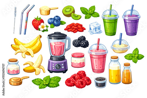 Different types of drinks and ingredients for making smoothies are displayed on a white background with fruits and blending tools