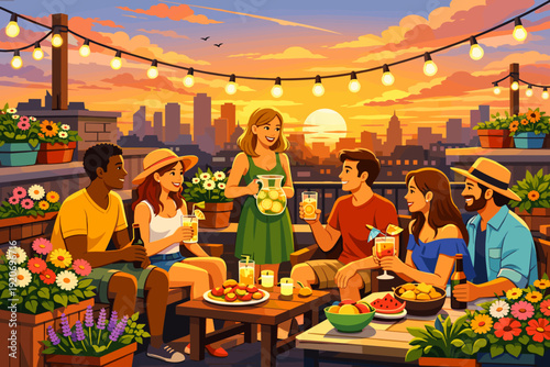Friends gather on a rooftop terrace for drinks and food as the sun sets over the city skyline
