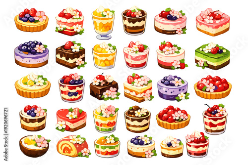 Different types of cakes and desserts arranged in a colorful display on a white background for dessert lovers and sweet tooths