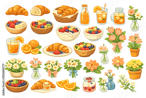 Colorful breakfast spread with fruits, drinks, and snacks arranged on a table for a bright morning gathering in a home setting