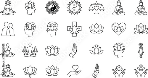 Yoga Meditation and Lotus Line Icon Set with Mindfulness, Spiritual Balance, Yin Yang, Healing, Wellness and Mental Health Vector Symbols Collection