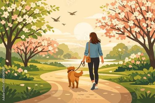 Woman walks with dog along a path in a park during the afternoon while flowers bloom and birds fly in the sky