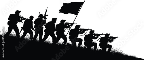 Black silhouettes of soldiers advancing up a hill with guns and a flag army military