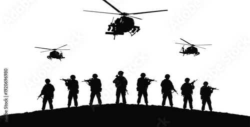 Black silhouettes of soldiers with guns standing on hill with helicopters military