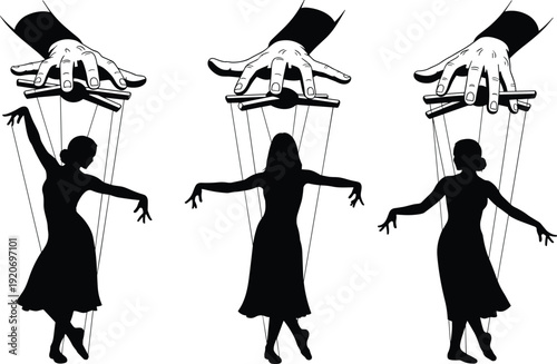 Black silhouettes of women controlled by hands puppets marionettes strings