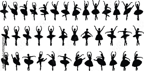 Vector silhouettes of professional ballet dancers in various elegant poses isolated on white background, female ballerina set for classical dance and theater design
