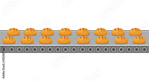 Numerous freshly baked golden bread rolls moving along a gray industrial conveyor belt in a production line.