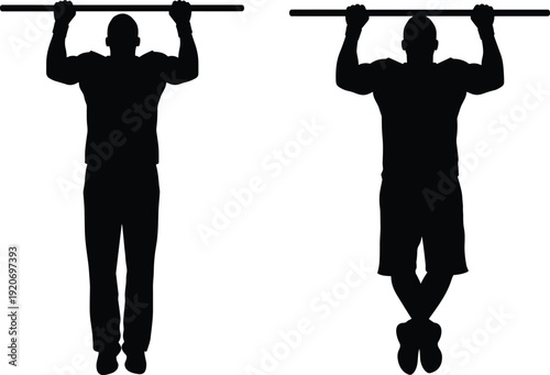 Two men doing pull-ups in black silhouette on white background silhouettes men exercising black and white