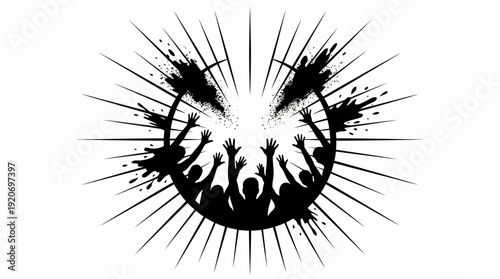 Abstract black and white illustration of a cheering crowd with radiating light effects