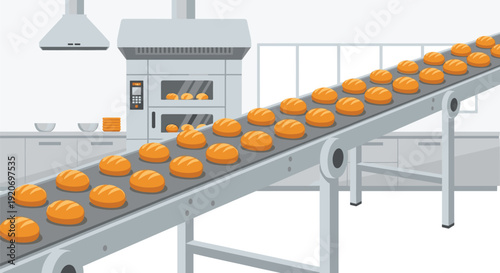 Rows of golden baked bread rolls moving on an inclined conveyor belt in a large industrial bakery with ovens.