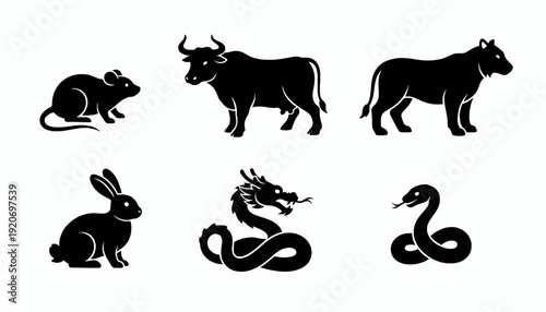 Six Chinese Zodiac Silhouette Set Rat Ox Tiger Rabbit Dragon Snake Black Vector Icons Isolated on White