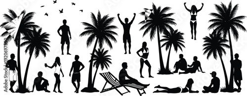 Vector silhouettes of people enjoying summer vacation on a tropical beach isolated on white background, group set with palm trees, tourists in swimwear, and sunbathers