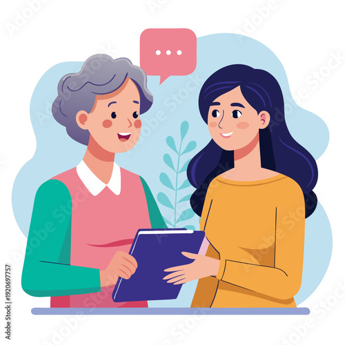 Intergenerational connection: Two women of different ages talking, symbolizing mentorship, guidance, and shared wisdom.