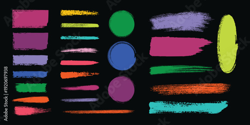 Colorful paint brush strokes collection on black background with various creative shapes