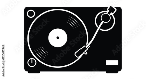 Minimalist depiction of a record player in stark contrast silhouette