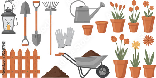Gardening tools and flower pot collection with shovel wheelbarrow watering can fence and spring plants in flat vector.