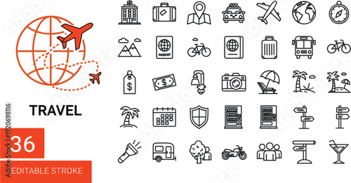 Set of 36 Travel and Tourism Line Icons Featuring Transportation, Vacation Destinations, Mapping, Holiday Gear, and Adventure Elements