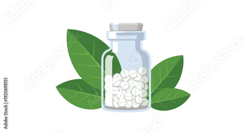 A small transparent glass bottle filled with numerous white round pills is placed prominently alongside fresh green leaves.